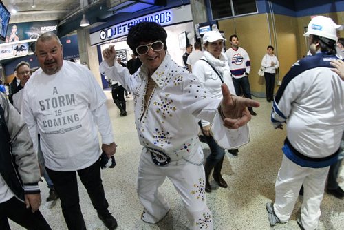 Walter Mazepa dressed as Elvis prior to the start of the third game of the Stanley Cup playoff series between the Winnipeg Jets and the Anaheim Ducks at MTS Centre in Winnipeg, Manitoba. 150420 - Monday, April 20, 2015 -  (MIKE DEAL / WINNIPEG FREE PRESS)