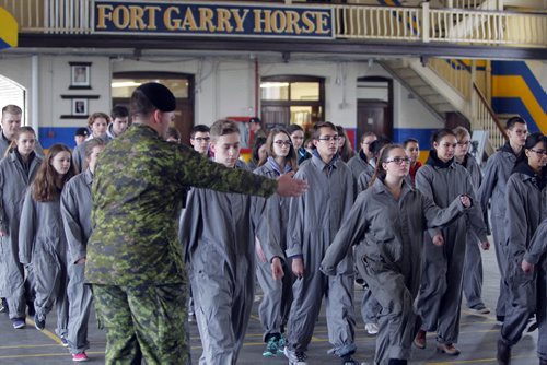 LOCAL - Soldiers of the Fort Garry Horse, an Army Reserve regiment based out of Winnipeg hosted students from River East Transcona School Division to be soldier for a day. The program has been conducted for many years by the local Army Reserve regiment based out of Winnipegs North End.  Throughout the day, students will learn how to conduct basic military drill and other various classes. The students are coincidentally going to Europe next week for VE day tours.  BORIS MINKEVICH/WINNIPEG FREE PRESS APRIL 21, 2015