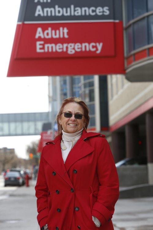 MGEU president Michelle Gawronsky by the Health Sciences Centre. Wayne Glowacki/Winnipeg Free Press April 21 2015