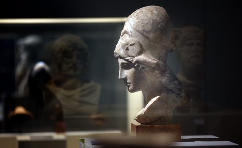 Athena, surveys the The Greco-Roman Collections of Berlin at the WAG.  See Kevin Prokosh story. April 21, 2015 - (Phil Hossack / Winnipeg Free Press)