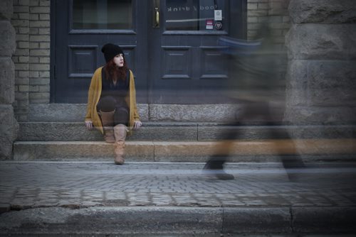 April 21, 2015 - 150421  - Kendra Fifi, eating disorder patient, is photographed in downtown Winnipeg Tuesday, April 21, 2015. Fife, who after 13-years of hiding her illness has recently gone public with a YouTube selfie-interview about her struggle. The posting is in aid of online fundraising to help subsidize her ongoing living expenses when she leaves her minimum-wage job to go back into hospital following a recent relapse. John Woods / Winnipeg Free Press