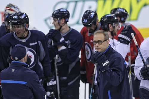 Winnipeg Jets' head coach Paul Maurice during the morning pre-game skate at MTS Centre. The Jets will face-off against the Anaheim Ducks in the fourth game of their Stanley Cup playoff series tonight.   150422 April 22, 2015 Mike Deal / Winnipeg Free Press