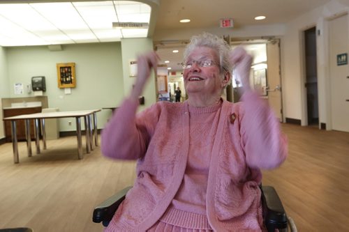 Golden Links Lodge resident Leona Tomchuk was very happy Wednesday after returning home  after being evacuated last spring due to flooding. The lodge in St. Vital incurred extensive damage after its basement filled with water on April 20 2014. Kevin Rollason Wayne Glowacki/Winnipeg Free Press April 22 2015