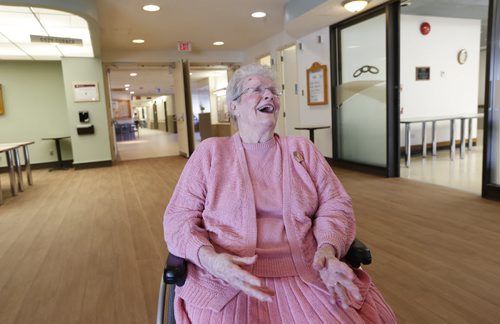 Golden Links Lodge resident Leona Tomchuk was very happy Wednesday after returning home  after being evacuated last spring due to flooding. The lodge in St. Vital incurred extensive damage after its basement filled with water on April 20 2014. Kevin Rollason Wayne Glowacki/Winnipeg Free Press April 22 2015