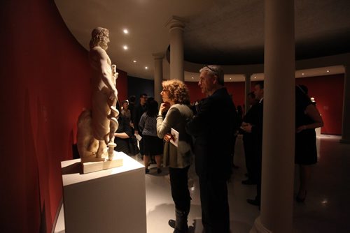 Special guests view ancient artifacts at the Olympus exhibition during a  private viewing at the Winnipeg Art Gallery Thursday evening just prior to the grand opening.  Ruth Bonneville / Winnipeg Free Press April 23, 2015