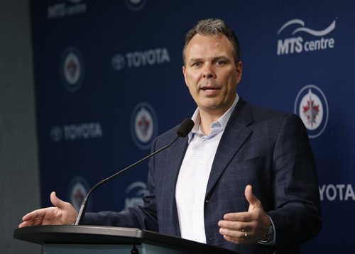 Winnipeg Jets Executive Vice President and General Manager Kevin Cheveldayoff  speaks to the media Friday at the MTS Centre. Lawless / Tait / Campbell stories. Wayne Glowacki / Winnipeg Free Press April 24 2015