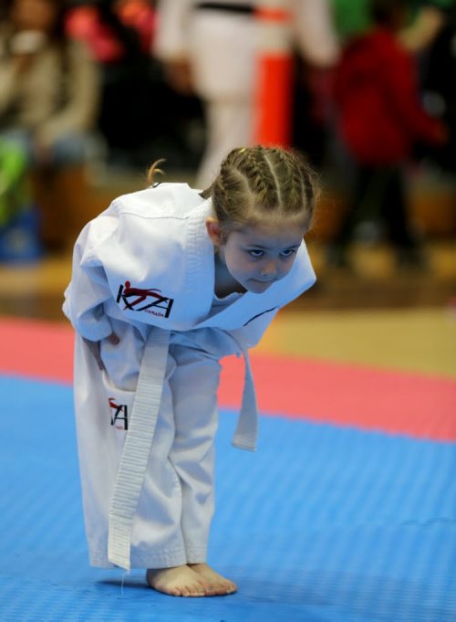 Kylee Almeida-Guedes, 4, bows after competing at the Can-Am Games Taekwondo Tournament inside Investors Group Athletic Centre at the University of Manitoba, Saturday, April 25, 2015. (TREVOR HAGAN/WINNIPEG FREE PRESS)