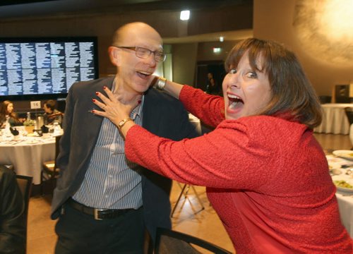 Winnipeg Chamber of Commerce luncheon featuring Gail Asper as feature speaker at the Canadian Museum for Human Rights- She chats and jokes with Pitblados LLP Norm Promislow before the event-See Gordon Sinclair Story-Apr 27, 2015 (JOE BRYKSA / WINNIPEG FREE PRESS)