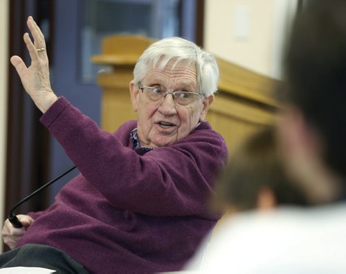 Dr. Peter Markesteyn spoke about his boyhood experiences of living under Nazi occupation in Holland to students at St. Johns-Ravenscourt School Monday.  The students are going to take part in 70th anniversary of Canadians liberating Holland. Nick Martin story Wayne Glowacki / Winnipeg Free Press April 27 2015
