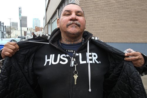 Close to the Main Street Project Doug Ballantyne shows his nickname emblazoned on his sweater. 150427 - Monday, April 27, 2015 -  (MIKE DEAL / WINNIPEG FREE PRESS)