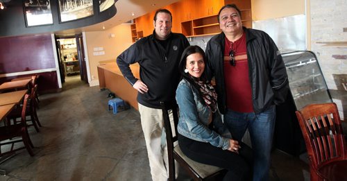 Left to right Jeremy Torrie, Christa Bruneau-Guenther and  Jim Compton are the new owners of the Ellice cafe (as well as the theater and school in the same building). They plan to open soon. See Geoff Kirbyson story. April 27, 2015 - (Phil Hossack / Winnipeg Free Press)