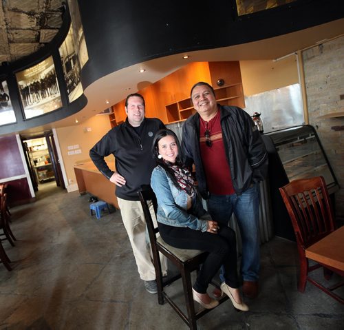 Left to right Jeremy Torrie, Christa Bruneau-Guenther and  Jim Compton are the new owners of the Ellice cafe (as well as the theater and school in the same building). They plan to open soon. See Geoff Kirbyson story. April 27, 2015 - (Phil Hossack / Winnipeg Free Press)