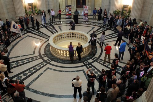 Day of Mourning Leaders Walk. SAFE Workers of Tomorrow Leaders Walk participants gathered at Union Centre, 275 Broadway, and marched down to the Manitoba Legislative Building. This photo taken inside the Leg for the media event. BORIS MINKEVICH/WINNIPEG FREE PRESS APRIL 28, 2015