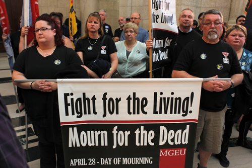 Day of Mourning Leaders Walk. SAFE Workers of Tomorrow Leaders Walk participants gathered at Union Centre, 275 Broadway, and marched down to the Manitoba Legislative Building. There a media event at the Manitoba Legislative Building commenced.  This photo taken inside the Leg for the media event. BORIS MINKEVICH/WINNIPEG FREE PRESS APRIL 28, 2015