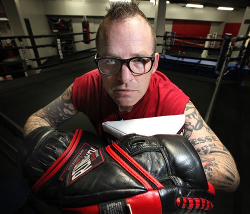 Roland Vandal fighter turned author, poses at Elite Gym where he trains his boxers. See Geoff Kirbyson story re:boxer turned author. April 28, 2015 - (Phil Hossack / Winnipeg Free Press)