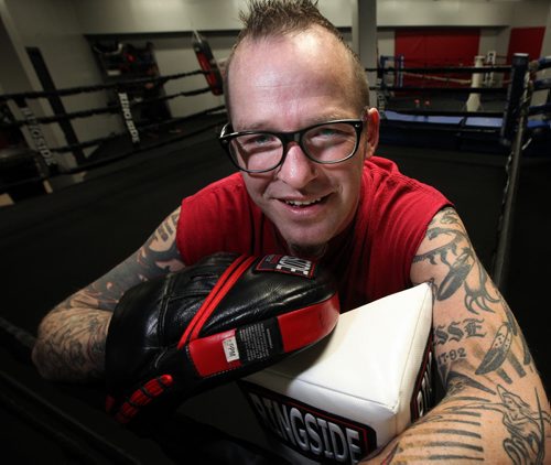 Roland Vandal fighter turned author, poses at Elite Gym where he trains his boxers. See Geoff Kirbyson story re:boxer turned author. April 28, 2015 - (Phil Hossack / Winnipeg Free Press)