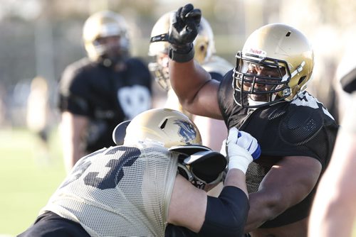 April 28, 2015 - 150427  -   David Onyemata, from Nigeria, is photographed during Bison practice at the University of Manitoba Tuesday, April 28, 2015. John Woods / Winnipeg Free Press