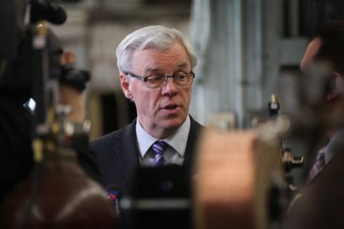 Premier Greg Selinger at a press conference held at Tec Voc Wednesday announcing the expansion of the welding shop to include the new aerospace facility which will allow more students to train for good jobs in Manitoba's world-class aerospace industry.  Ruth Bonneville / Winnipeg Free Press April 29, 2015