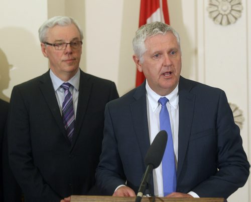Premier Greg Selinger shuffled his cabinet today and held a swearing in ceremony at the Manitoba Legislature Wednesday  Gord Mackintosh Minister of Justice at ceremony-See Bruce Owen and Larry Kusch stories- Apr 29, 2015   (JOE BRYKSA / WINNIPEG FREE PRESS)