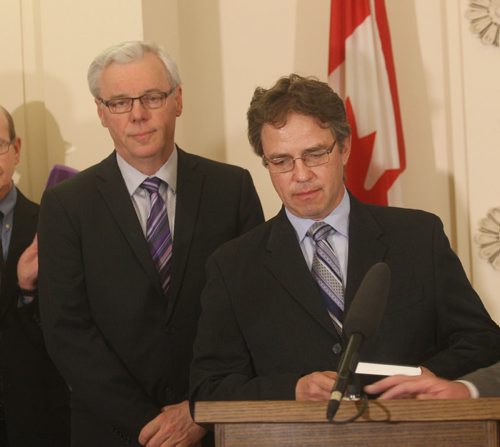Premier Greg Selinger shuffled his cabinet today and held a swearing in ceremony at the Manitoba Legislature Wednesday Thomas Nevakshonoff, Minister of Conservation  at ceremony-See Bruce Owen and Larry Kusch stories- Apr 29, 2015   (JOE BRYKSA / WINNIPEG FREE PRESS)