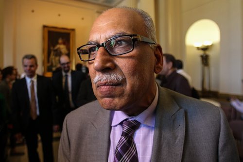 Mohinder Saran during a media scrum following his induction into cabinet as the minister of housing and community development at the Manitoba Legislative building Wednesday afternoon. 150429 - Wednesday, April 29, 2015 -  (MIKE DEAL / WINNIPEG FREE PRESS)