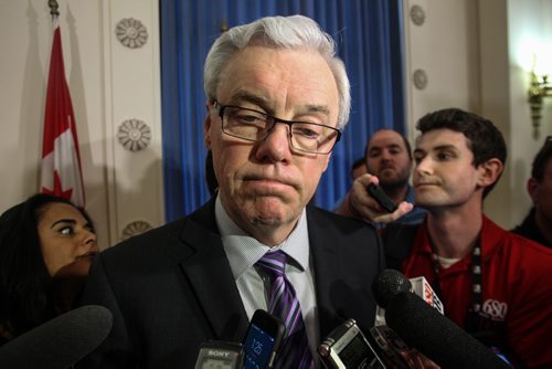 Premier Greg Selinger during a media scrum following the introduction of his new cabinet members at the Manitoba Legislative building Wednesday afternoon. 150429 - Wednesday, April 29, 2015 -  (MIKE DEAL / WINNIPEG FREE PRESS)