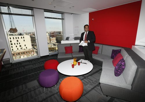 Ansel Vyrauen, Sales Manager with Alt Hotels shows off the Creative Lounge on the tour of the Alt Hotel at Centrepoint across from the MTS Centre on Portage Ave. that officially opened Thursday. Martin Cash story. Wayne Glowacki / Winnipeg Free Press April 30 2015
