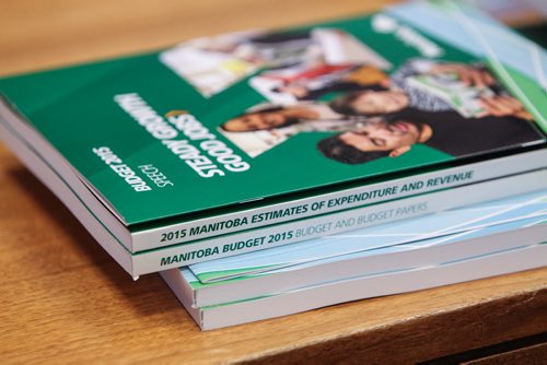 Copies of the 2015 budget sit in the media lockup room. 150430 - Thursday, April 30, 2015 -  (MIKE DEAL / WINNIPEG FREE PRESS)