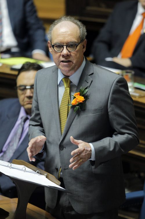 Manitoba's new finance minister, Greg Dewar, presents his first budget in Winnipeg on Thursday afternoon. BORIS MINKEVICH/WINNIPEG FREE PRESS APRIL 30, 2015