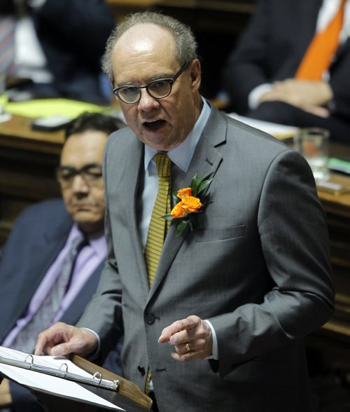 Manitoba's new finance minister, Greg Dewar, presents his first budget in Winnipeg on Thursday afternoon. BORIS MINKEVICH/WINNIPEG FREE PRESS APRIL 30, 2015