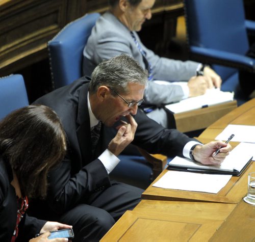 Manitoba's new finance minister, Greg Dewar, presented his first budget in Winnipeg on Thursday afternoon. Centre, Brian Pallister.  BORIS MINKEVICH/WINNIPEG FREE PRESS APRIL 30, 2015