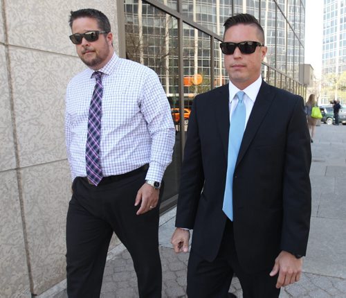 Steve Cancilla, right, fiancé of  Kendall Wiebe, 27,  a woman who  working inside a hair salon in St James in April 2012 that was killed by Adebola Shoyoye, not pictured, after he drove his SUV through Crestview Shopping Centre comments on  sentence to Shoyoye- He was sentenced to  90 days in jail -- served on weekends -- after being sentenced today for  dangerous driving that caused the death -See Kevin Rollason story- Apr 30, 2015   (JOE BRYKSA / WINNIPEG FREE PRESS)