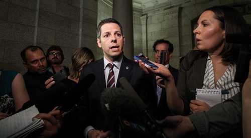 Winnipeg Mayor Brian Bowman addresses the media about the 2015 Provincial Budget after the Finance Minister's presentation to the provincial assembly Thursday afternoon. 150430 - Thursday, April 30, 2015 -  (MIKE DEAL / WINNIPEG FREE PRESS)