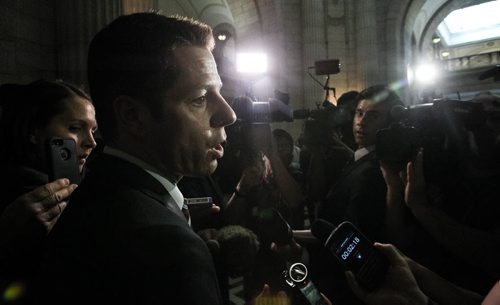 Winnipeg Mayor Brian Bowman addresses the media about the 2015 Provincial Budget after the Finance Minister's presentation to the provincial assembly Thursday afternoon. 150430 - Thursday, April 30, 2015 -  (MIKE DEAL / WINNIPEG FREE PRESS)