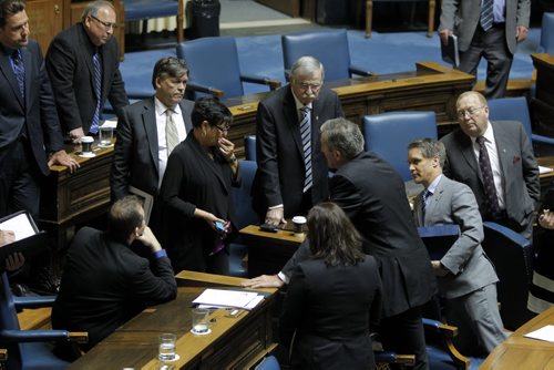 Manitoba's new finance minister presented his first budget in Winnipeg on Thursday afternoon. In this photo the official opposition talks right after. BORIS MINKEVICH/WINNIPEG FREE PRESS APRIL 30, 2015