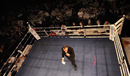 High Stakes Havoc - The ring announcer brings in the boxers Thursday night at Club Regent. April 30, 2015 - (Phil Hossack / Winnipeg Free Press)