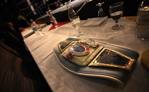 High Stakes Havoc - "The Prize" belt sits on a table ringside Thursday night at Club Regent. April 30, 2015 - (Phil Hossack / Winnipeg Free Press)