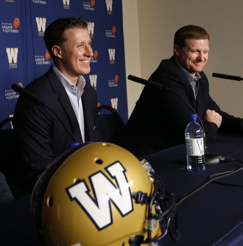 The Winnipeg Blue Bombers announced a contract extension for quarterback Drew Willy,left, at a news conference Friday morning, he is beside Coach Mike O'Shea. Tim Campbell / Gary Lawless stories Wayne Glowacki / Winnipeg Free Press May 1 2015