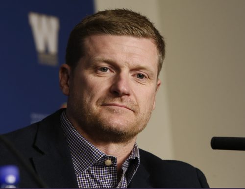The Winnipeg Blue Bombers Coach Mike O'Shea at the news conference Friday to announce the contract extension for quarterback Drew Willy. Tim Campbell / Gary Lawless stories Wayne Glowacki / Winnipeg Free Press May 1 2015