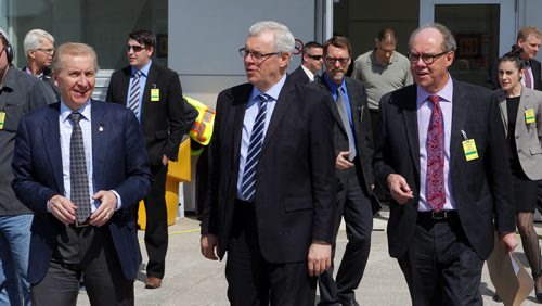 Jet fuel tax rebate announcement at the Winnipeg James Armstrong Richardson International Airport.  left to right - Winnipeg Airports Authority's Barry Rempel, Premier Greg Selinger, and Manitoba finance minister Greg Dewar. BORIS MINKEVICH/WINNIPEG FREE PRESS May 1, 2015