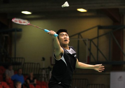 Jason Ho-Shue of Ontario (doubles teammate is Qungzi Quyang not in photo),  returns the birdie back to his opponents, Ty Lindeman and Takeisha Wang of Alberta, in the doubles round in the 2015 Yonex  National Badminton Championships at the U of W's Duckworth Centre Saturday. Jason Ho-Shue and his doubles teammate Quingzi Quyang went on to win the match.   Standup May 02, 2015 Ruth Bonneville / Winnipeg Free Press