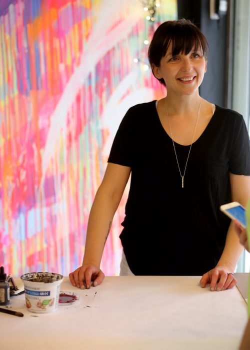 Artist Kal Barteski's pop up shop on Graham Avenue where she was selling paintings and custom script to fund her way to Germany for spinal surgery, Saturday, May 2, 2015. (TREVOR HAGAN/WINNIPEG FREE PRESS)