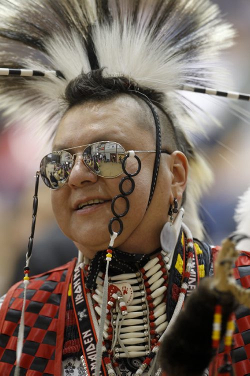 Adrian Antoine, from Rousseau River, during the 26th Annual Traditional Graduation Pow Wow for Indigenous Students at the University of Manitoba, Saturday, May 2, 2015. (TREVOR HAGAN/WINNIPEG FREE PRESS)
