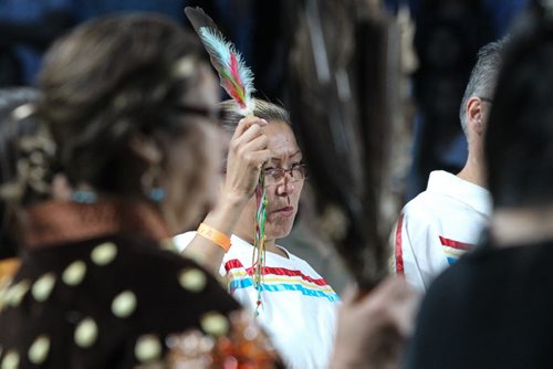 Thousands of Catholics gathered at the MTS Centre to take part in the Centennial Mass Sunday afternoon. The Ritual of Purification conducted by elders took place at the beginning of the event. 150503 - Sunday, May 03, 2015 -  (MIKE DEAL / WINNIPEG FREE PRESS)