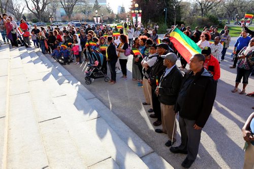 Members of the Ethiopian community gathered at the Manitoba Legislative Building to hold a vigil and ceremony mourning Ethiopians who have been killed and persecuted in recent weeks in African countries and around the world, Sunday, May 3, 2015. (TREVOR HAGAN/WINNIPEG FREE PRESS)