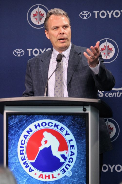 Winnipeg Jets GM Kevin Cheveldayoff introduces the Manitoba Moose as new name and logo for the Winnipeg Jets affiliate AHL team which is moving back to Winnipeg next season.  150504 May 4, 2015 Mike Deal / Winnipeg Free Press