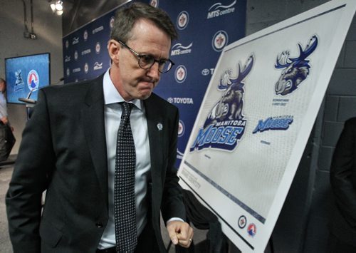 Winnipeg Jets owner Mark Chipman during the reveal of the Manitoba Moose as new name and logo for the Winnipeg Jets affiliate AHL team which is moving back to Winnipeg next season.  150504 May 4, 2015 Mike Deal / Winnipeg Free Press