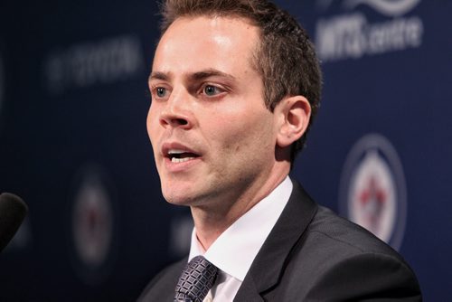 Dan Hursh, True North Sports & Entertainment Associate General Counsel, discusses ticket packages for the Manitoba Moose during the reveal of the new name and logo for the Winnipeg Jets affiliate AHL team which is moving back to Winnipeg next season.  150504 May 4, 2015 Mike Deal / Winnipeg Free Press
