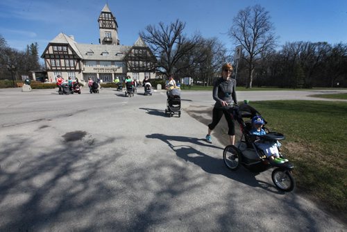 
49.8 Certified post and pre natal trainer, Cindy Miller (front of crowd, red hair with pony tail) is first in line as she heads out on a workout sessions for new moms at Assiniboine park recently.  Classes last 45 - 50 minutes - moms walk vigorously for 5 minutes with their strollers, then pause to do lunges, step-ups, etc. for 5 minutes, then walk again, stop again until meeting back at the starting point, the pavilion, to do a cool down stretch.    See story Dave Sanderson's story. May 01, 2015 Ruth Bonneville / Winnipeg Free Press