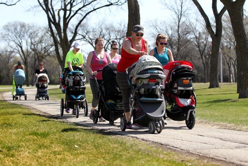 Moms keep a close eye on thier babies while walking along paths in Assiniboine Park  during thier stroller training workout. 

49.8 Certified post and pre natal trainer, Cindy Miller (front of crowd, red hair with pony tail) hosts workout sessions for new moms at Assiniboine park recently.  Classes last 45 - 50 minutes - moms walk vigorously for 5 minutes with their strollers, then pause to do lunges, step-ups, etc. for 5 minutes, then walk again, stop again until meeting back at the starting point, the pavilion, to do a cool down stretch.    See story Dave Sanderson's story. May 01, 2015 Ruth Bonneville / Winnipeg Free Press